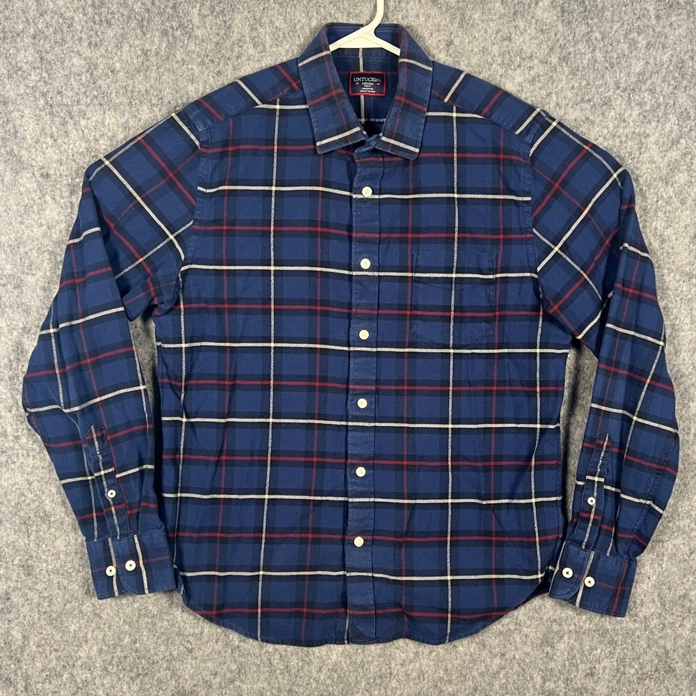 UNTUCKit Andes Slim Fit Flannel Plaid Shirt Mens Medium Navy Blue 41276